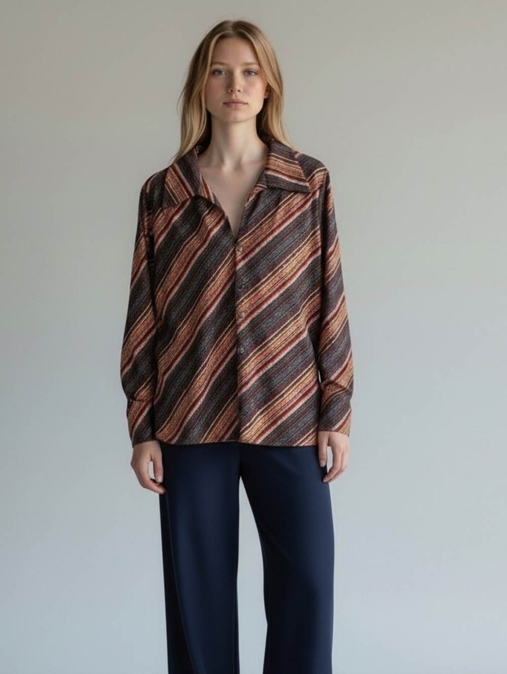 Union Made Vintage 70s Striped  Blouse Brown Rust Mod Disco Shirt Womens  Small